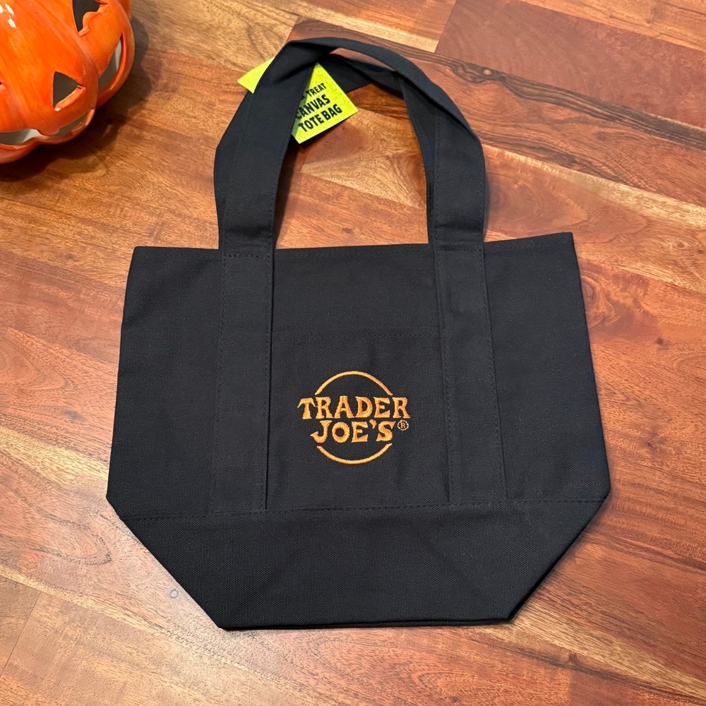 Trader Joes Mini Canvas Tote Bag Black Orange Embroidered Logo NWT